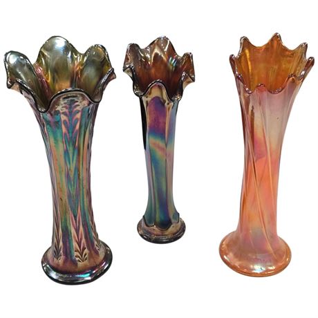 3 Early Carnival Glass Vases, 1 Green, 1 Amethyst
