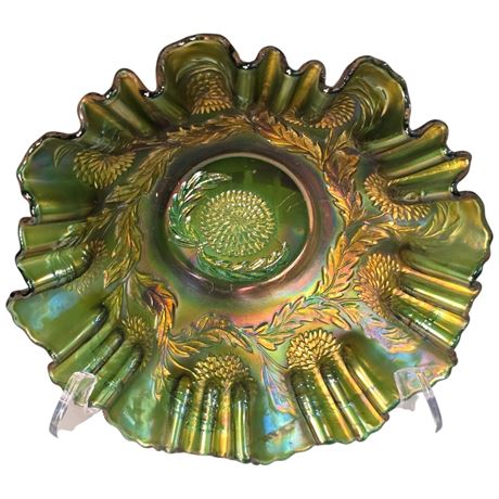 Early Green Carnival Glass "Ten Mums" Bowl
