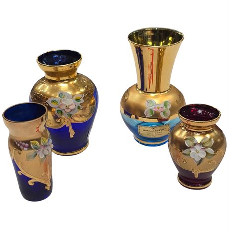 4 Murano 24K Gold Hand Painted Vases