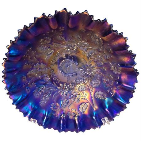 Early Electric Blue Carnival Glass "Good Luck" Bowl