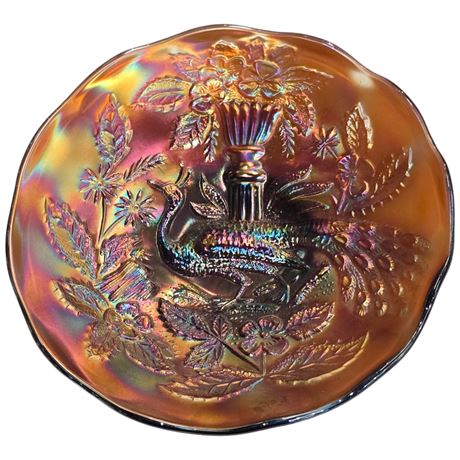 Early Amber Carnival Glass "Peacock & Urn" Bowl