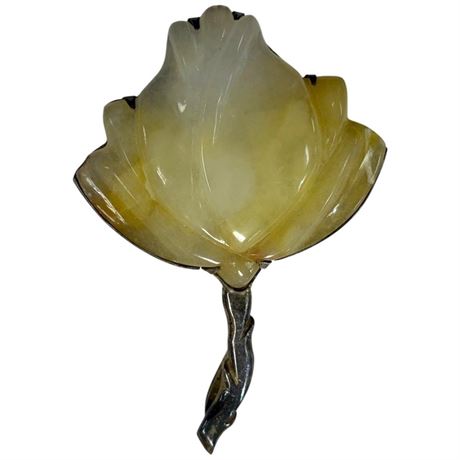 Sterling Silver & Jade Chinese Lotus Brooch