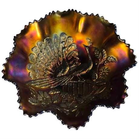 Rare Early Black Amethyst Carnival Glass "Peacock On Fence" Bowl