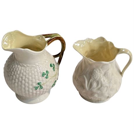 2 Vintage Belleek Creamers, Green Mark