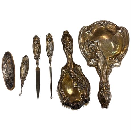 Early Sterling Silver Art Nouveau Embossed Lady Dresser Set