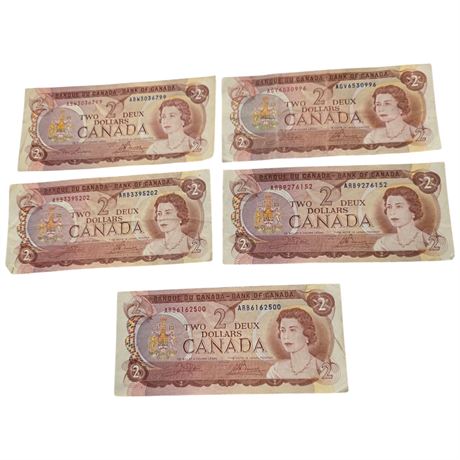 5 Vintage Canadian Two Dollar Bills