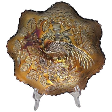 Early Amethyst Carnival Glass "Peacock & Urn" Bowl