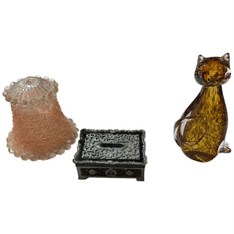 Vintage Glass Shade, Art Glass Cat, Trinket Box, Etc..