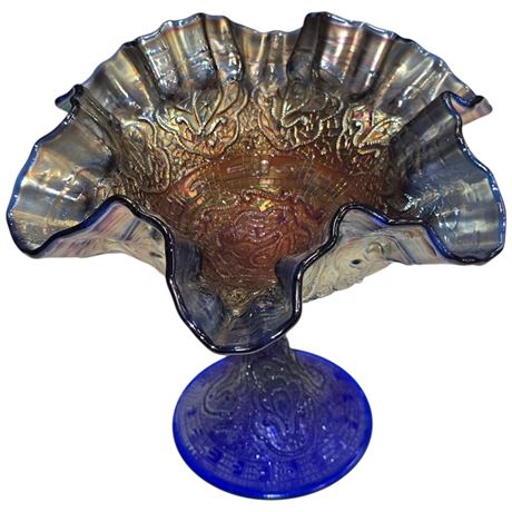 Early Electric Blue Carnival Glass "Persian Medallion" Pedestal Bowl
