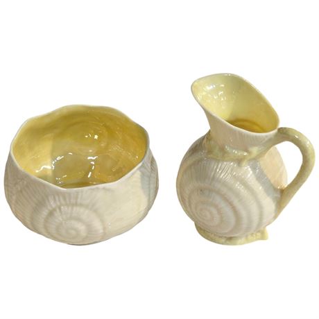 Vintage Belleek Creamer & Sugar, Green Mark
