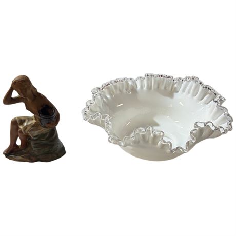 Ruffled Art Glass Bowl & Pottery Figurine