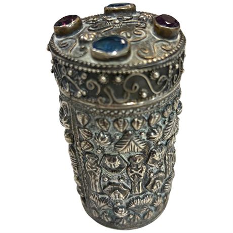 Late 19Th Century Sterling Silver Embossed Egyptian Container With Gems