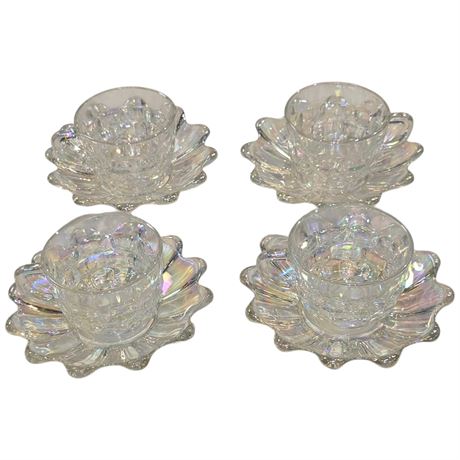 4 Vintage Iridescent Glass Cups & Saucers