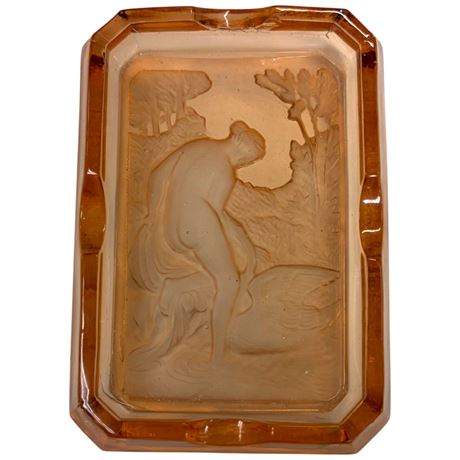 Early Pressed Pink Glass Ashtray With Nude Lady & Swan