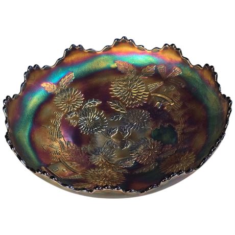 Early Cobalt Blue Footed Carnival Glass "Chrysanthemum" Bowl