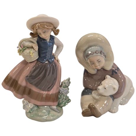 Vintage Porcelain Lladro Girl & Bear And Flower Seller Figurines