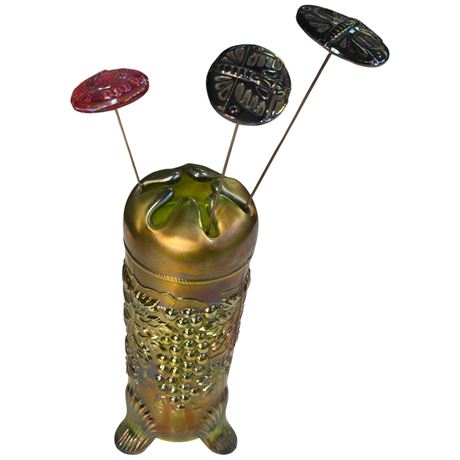 Early Carnival Glass "Grape & Cable" Hat Pin Vase With Carnival Glass Hat Pins