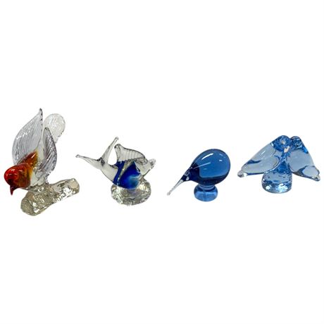 4 Art Glass Figurines, Kiwi, Birds & Fish