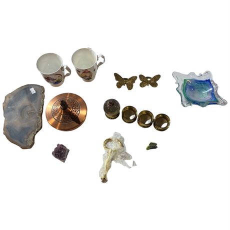Assorted Collectibles, Agate Slice, Art Glass Bowl, Butterfly Napkin Rings, Etc.