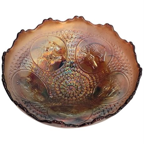 Early Amethyst Footed Carnival Glass "Horse Medallion" Bowl
