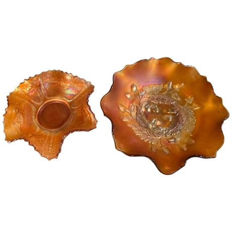 2 Early Marigold Carnival Glass Bowls "Acorn" & "Ships"