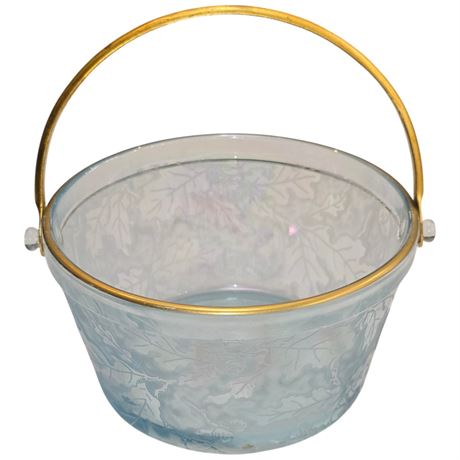 Fostoria Brocade Azure Blue Oak Wood Oak Leaf Iridescent Glass Ice Bucket