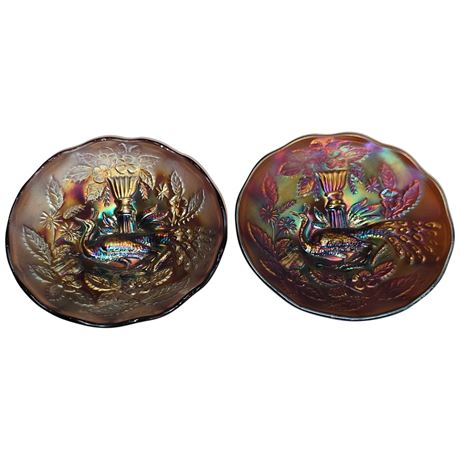2 Early Carnival Glass Bowls "Peacock & Urn"