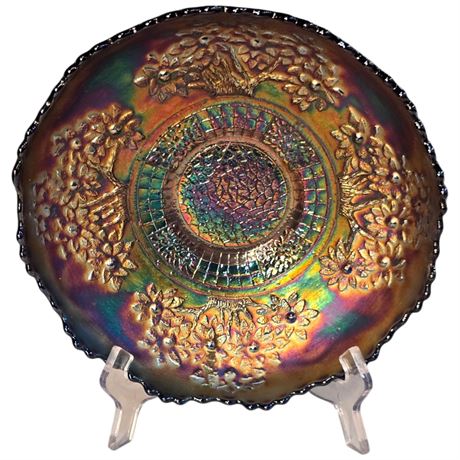 Early Cobalt Blue Carnival Glass "Orange Tree" Bowl