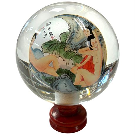 Vintage Reverse Painted Asian Paper Weight Of Nude Ladies, On Stand