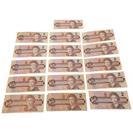 16 Vintage Canadian Two Dollar Bills