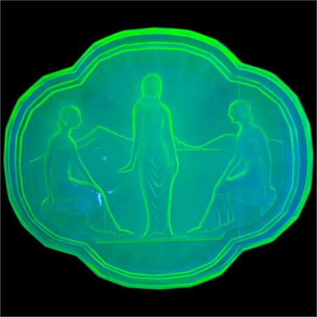 Vintage Art Deco Uranium Glass Tray "3 Maidens"