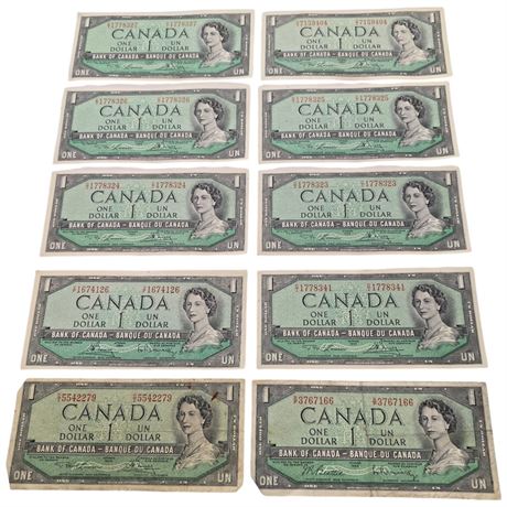 10 Vintage Canadian Dollar Bills