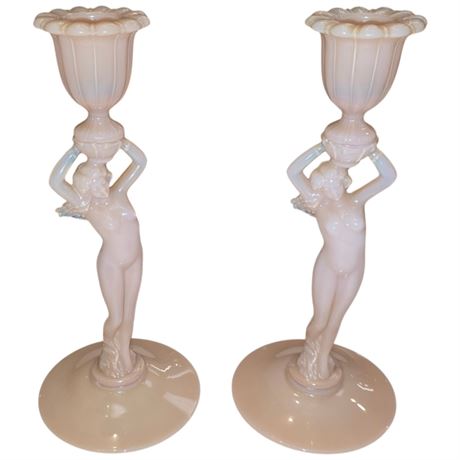 Pair Of Vintage Cambridge Crown Tuscan Nude Lady Candle Stick Holders