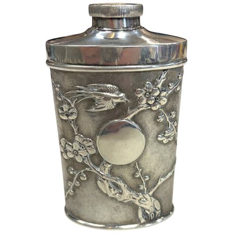Late 19Th Century Embossed Chinese Sterling Silver Powder Flask, With Bird Motif