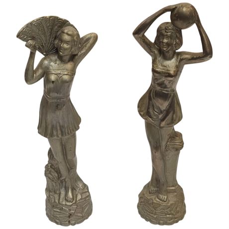 2 Cast Metal Art Deco Lady Figurines