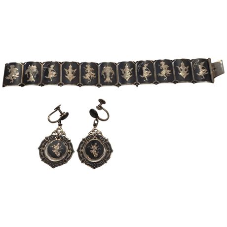 Vintage Siam Sterling Silver Niello Bracelet & Earrings