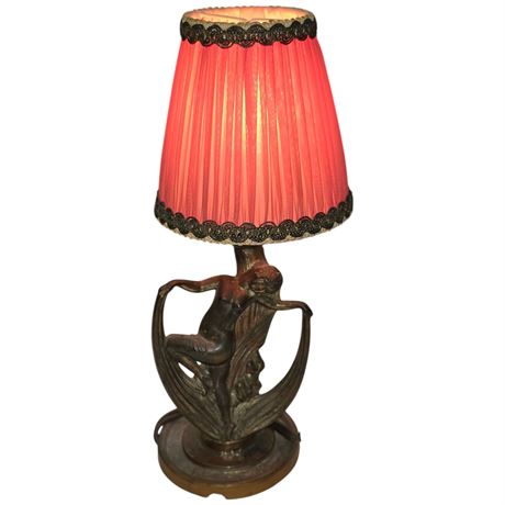 Art Deco Painted Bronze Nude Lady Figural Table Lamp, Working