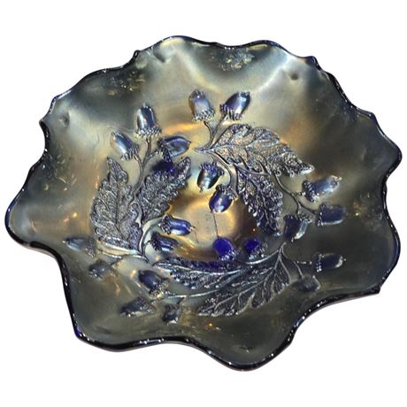 Early Cobalt Blue Carnival Glass "Acorn" Bowl