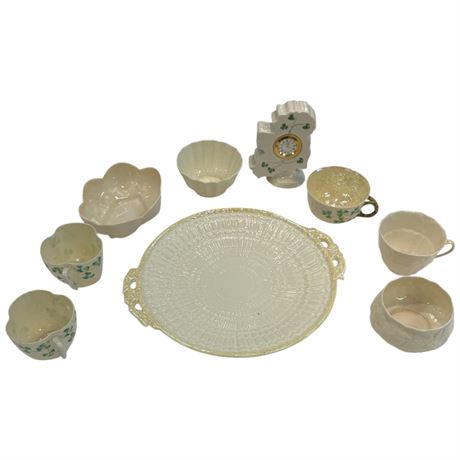 9 Assorted Pieces Of Vintage Belleek, Green Mark