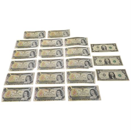 17 Canadian, 1&2 U.S., 2 &1 Canadian Dollar Bills