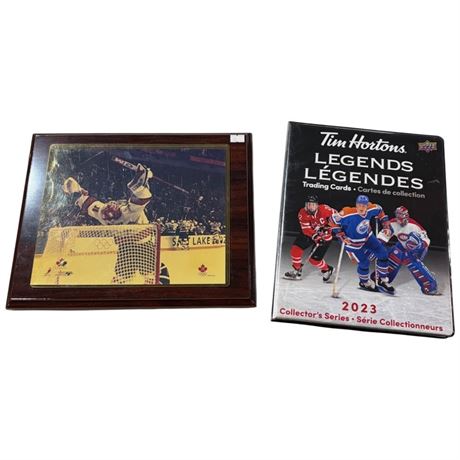 Goalie Plaque Photo & Tim Hortons Legends Hockey Card Binder Full