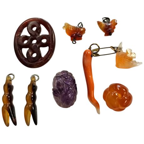 9 Pieces Of Carved Carnelian Agate, Coral, Amethyst & Tortoise Shell