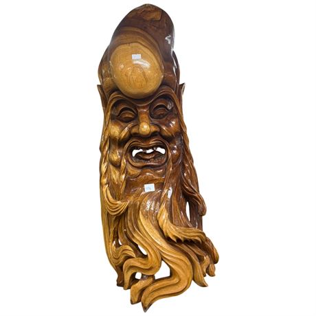 Large Vintage Carved Wood Chinese Wiseman Hanging Sculpture, Signed On Back
