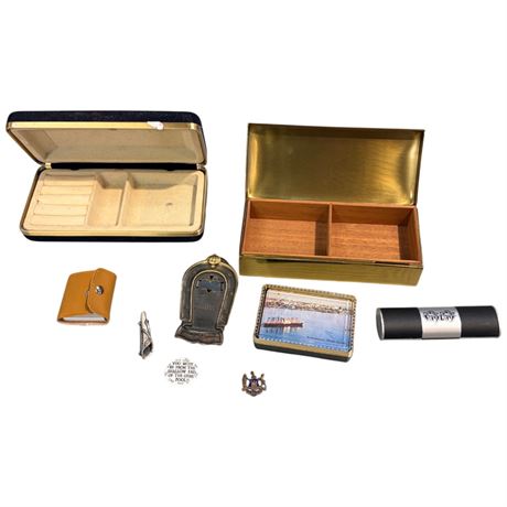Assorted Collectibles, Cards, Jewelry Box, Flower Holder Brooch, Pins, Etc..