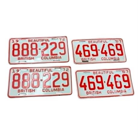 2 Pairs Of British Columbia License Plates 1972, 1967