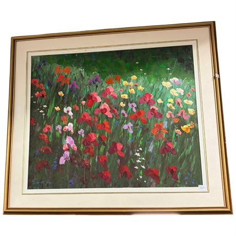Vintage Framed Oil On Canvas Of Flower Field Signed Sai H. Ho