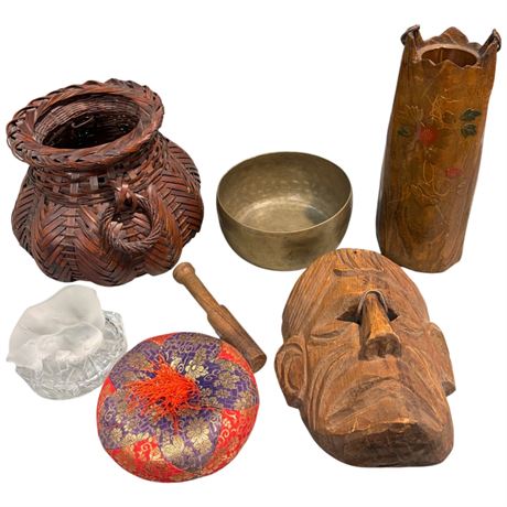 Assorted Collectibles, Wood Mask, Wood Vase, Mortar & Pestle, Etc.