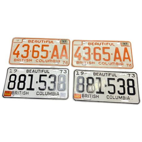 2 Pairs Of British Columbia License Plates,1973, 1976
