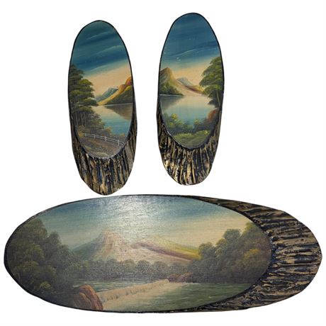 3 Mountain Lake Scenes Painted On Live Edge Wood