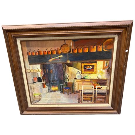 Vintage Oil On Board Of Kitchen Scene Signed Emery Marcel 1986